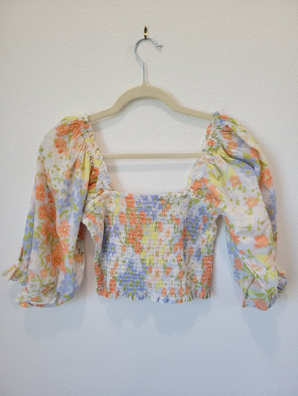Billabong Women S Floral Smocked Crop Top Puff Sleeve Peasant Blouse Boho